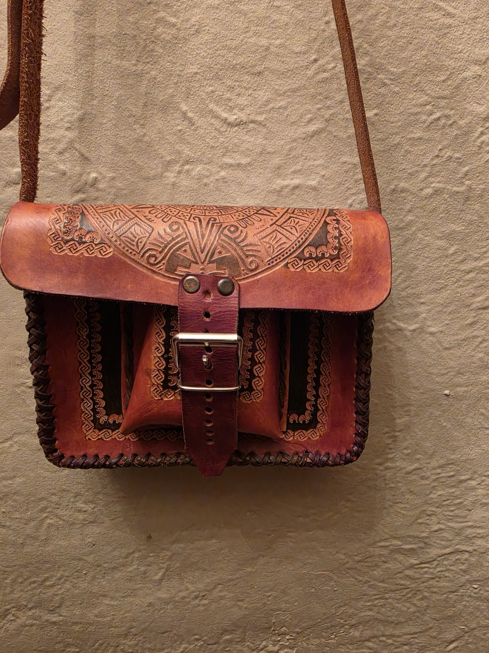 Vintage Hand Tooled Leather Aztec Calendar Crossbody Boho Purse - Picture 10 of 11